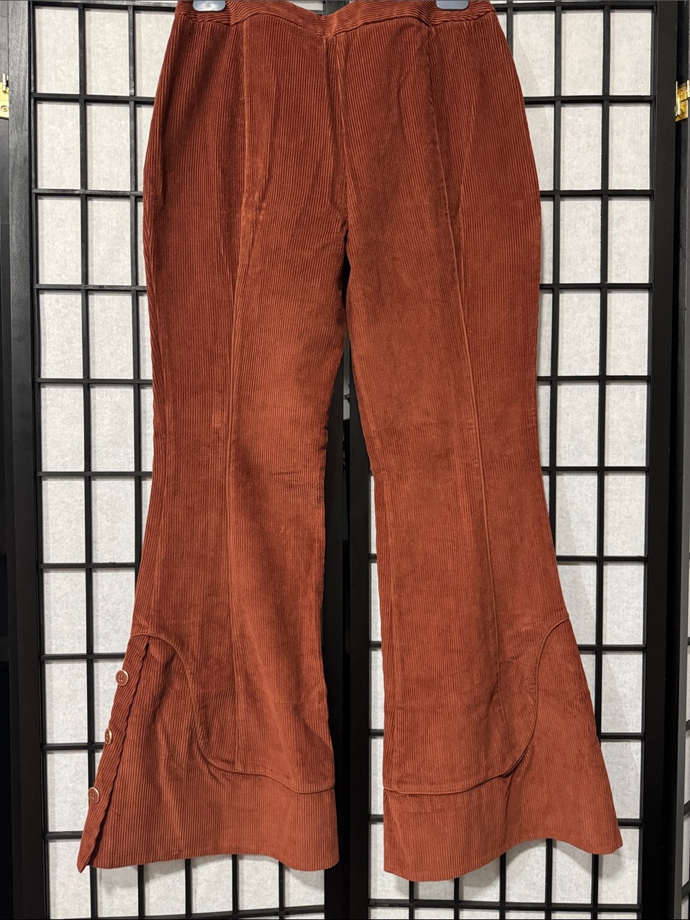 FARM Rio L Brown Corduroy Flare Pants  High Rise Button Detail Retro Wide Leg - Picture 13 of 15